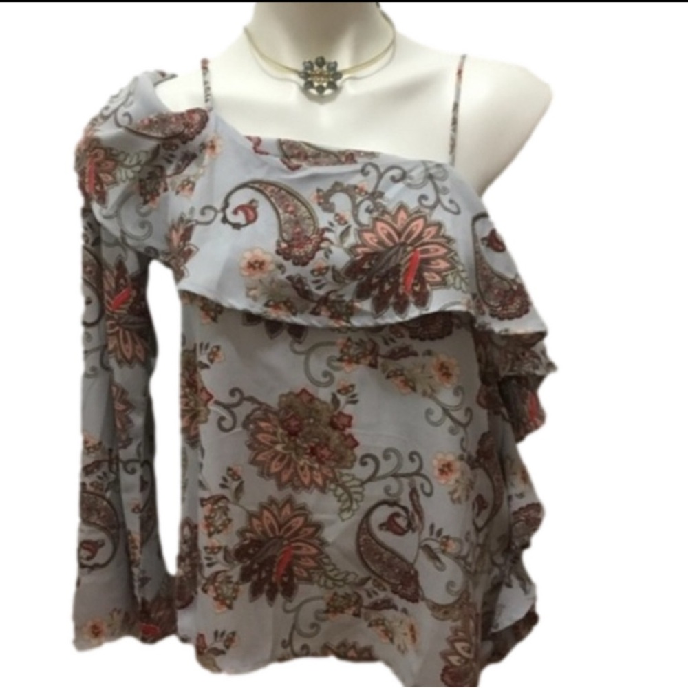 ❣️Blue Gray Paisley Floral Ruffle Print One Shoulder Long Lantern Sleeve straps